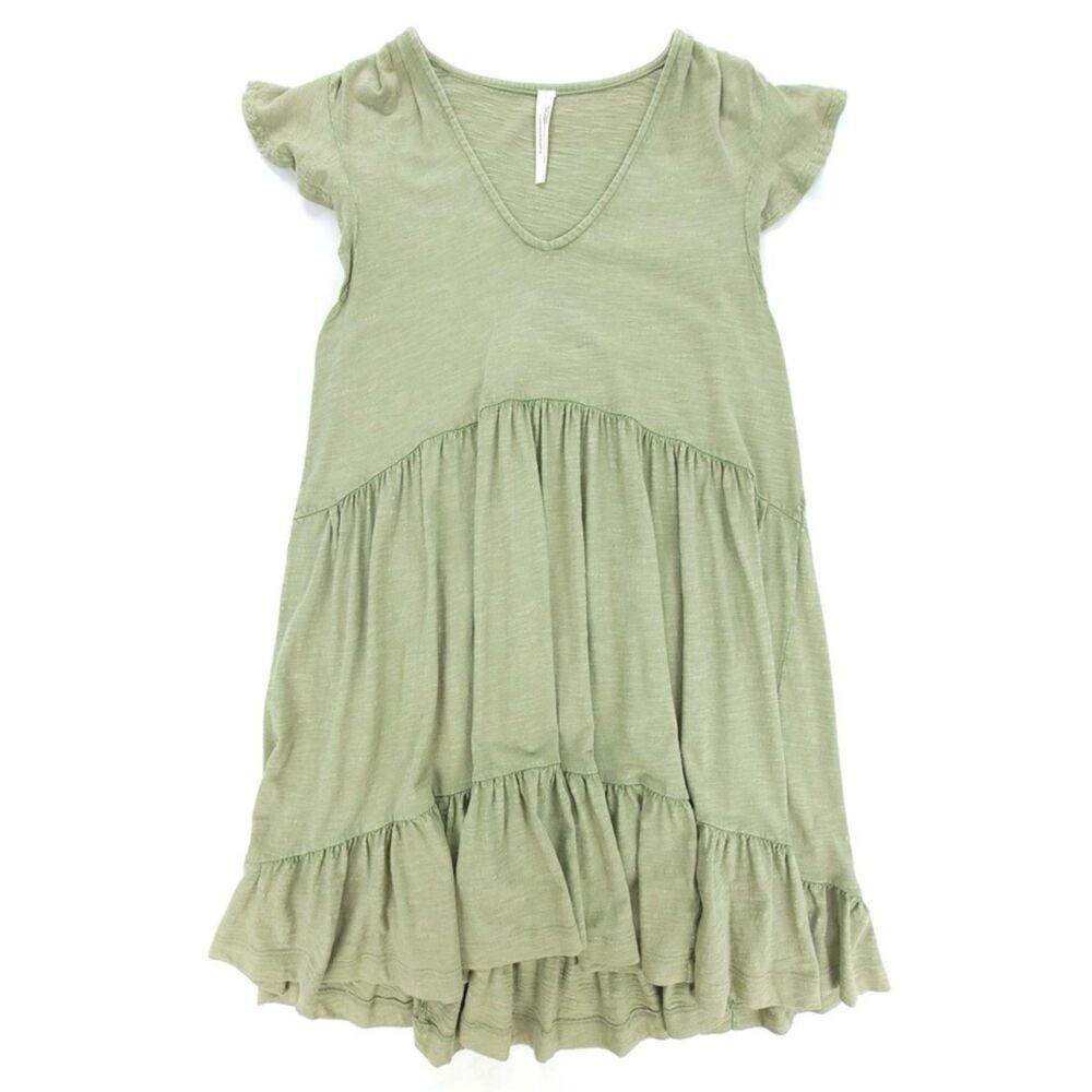 BY ANTHROPOLOGIE V-Neck Tiered Boho Cottagecore Babydoll Mini Dress Olive Green